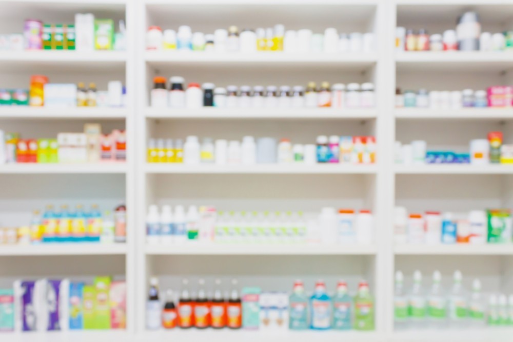 A shelf in a pharmacy store