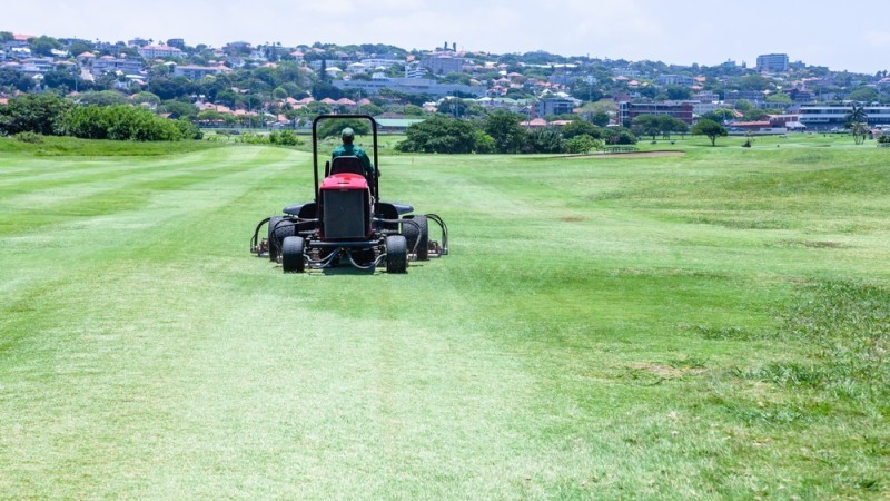 fairway mower on a golf course in the summer